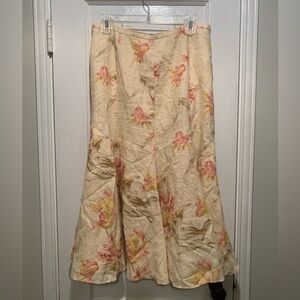Lauren Ralph Lauren 100% Linen Midi Boho Skirt Floral Coquette Quiet Luxury